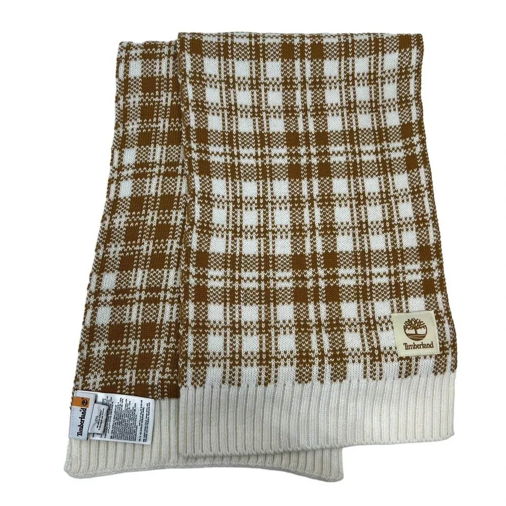 Timberland Scarf Knit Plaid Tan White Acrylic Winter Outdoor Logo Patch Street